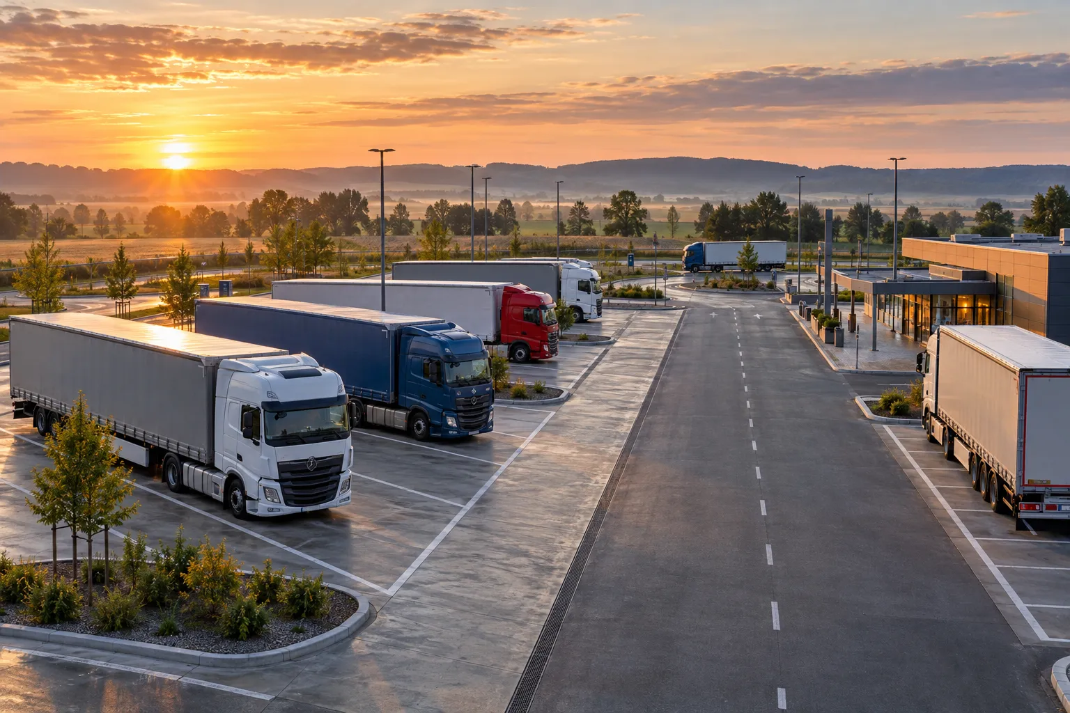 Vista amplia de un aparcamiento para camiones con plazas señalizadas al amanecer.